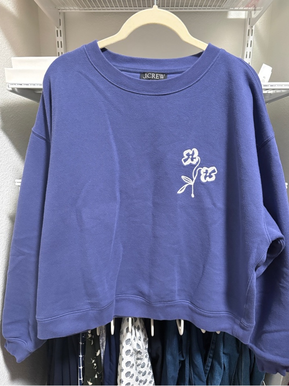 J. Crew Violet Crewneck Sweatshirt with White Floral Motif